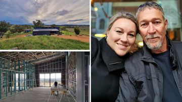 Carissa Perkins and her husband Paul Moon. Left, the shouse they built in central west NSW.