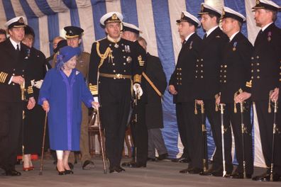 Elizabeth, the Queen Mother, meets officers and ratings, Thursday November 22, 2001, on the Royal Navy aircraft carrier HMS Ark Royal 