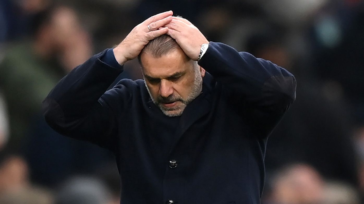 Ange Postecoglou, Manager of Tottenham Hotspur reacts during the Premier League match between Tottenham Hotspur and Aston Villa at Tottenham Hotspur Stadium on November 26, 2023 in London, England. (Photo by Justin Setterfield/Getty Images)