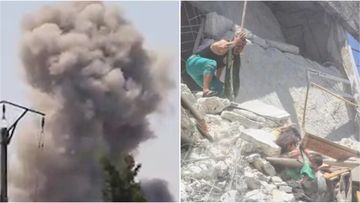 Devastating video has emerged of a young Syrian girl trying to save her baby sister as she lies trapped under rubble after an airstrike on their home town 