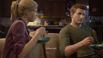 Nathan Drake and Elena eating pasta during an Uncharted 4: A Thief&#x27;s End cutscene. 