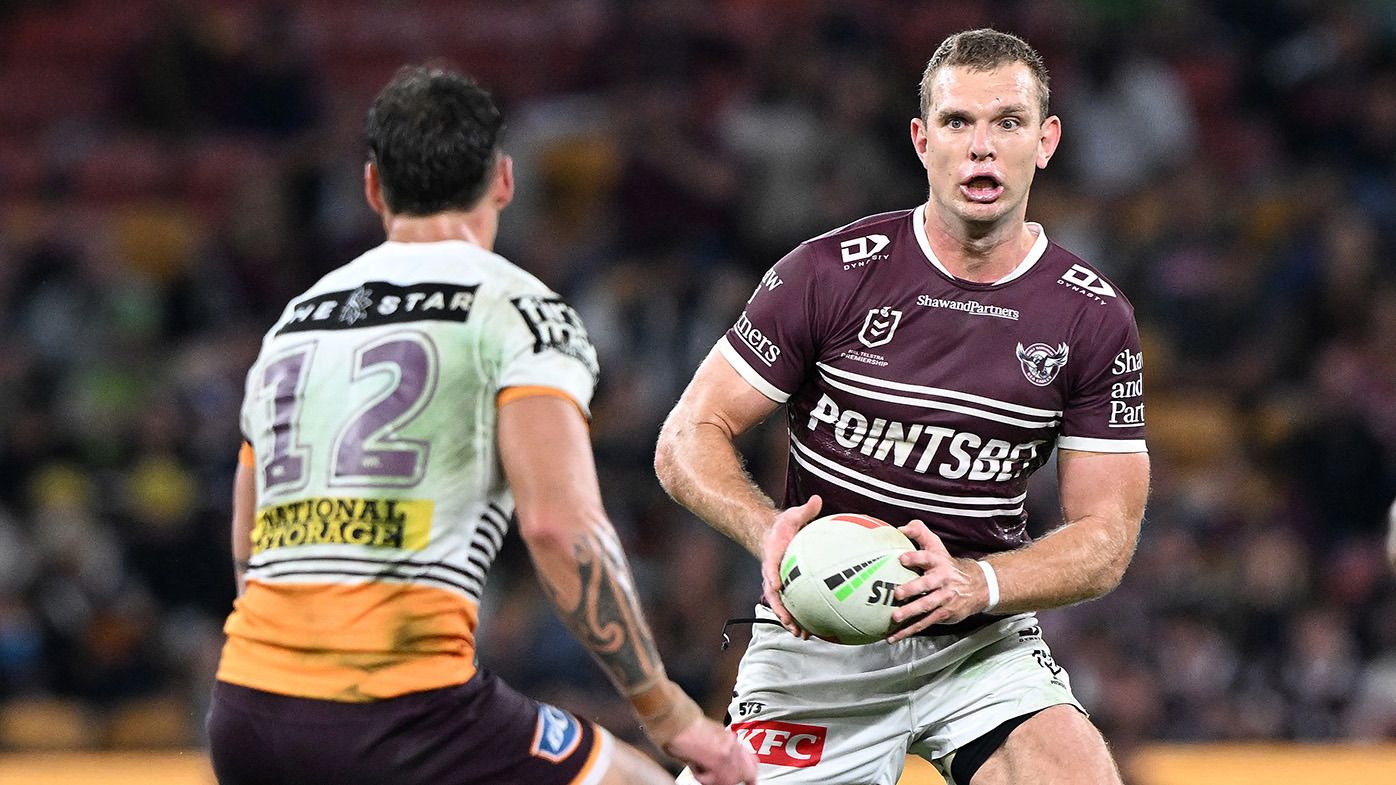 Tom Trbojevic of the Sea Eagles runs the ball during the round 10 NRL match between Manly Sea Eagles and Brisbane Broncos at Suncorp Stadium on May 05, 2023 in Brisbane, Australia. (Photo by Bradley Kanaris/Getty Images)