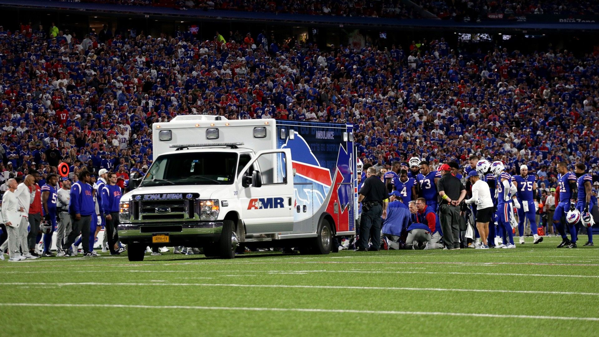 Sickening scene brings NFL game to a halt as Buffalo Bills player taken to hospital with neck injury