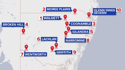 The 10 towns named in new data as the worst in NSW for DV cases. (9NEWS)