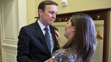 Connecticut Senator Chris Murphy, who has become the leader of the gun safety movement in Washington DC, comforts comforts Erica Smegielski, daughter of the slain principal from Sandy Hook Elementary School, after the failed vote. (AP)