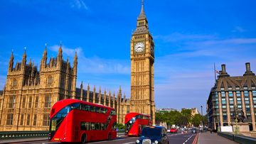 Big Ben Clock Tower and London Bus at England.