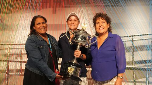 Ash Barty with Evonne Goolagong Cawley and Cathy Freeman after winning the Australian Open womens singles final on January 29, 2022. 