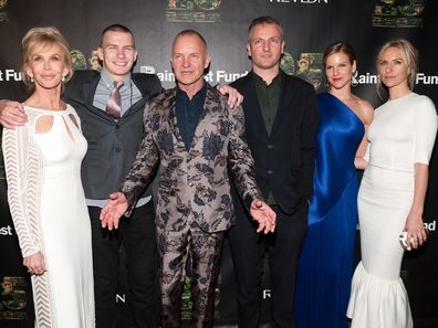 NEW YORK, NY - APRIL 17:  (L-R) Trudie Styler, Giacomo Sumner, Sting, Joe Sumner, Fuchsia Sumner, and Mickey Sumner attend the after party for the 25th Anniversary concert for the Rainforest Fund at the Mandarin Oriental Hotel on April 17, 2014 in New York City.  (Photo by D Dipasupil/Getty Images)