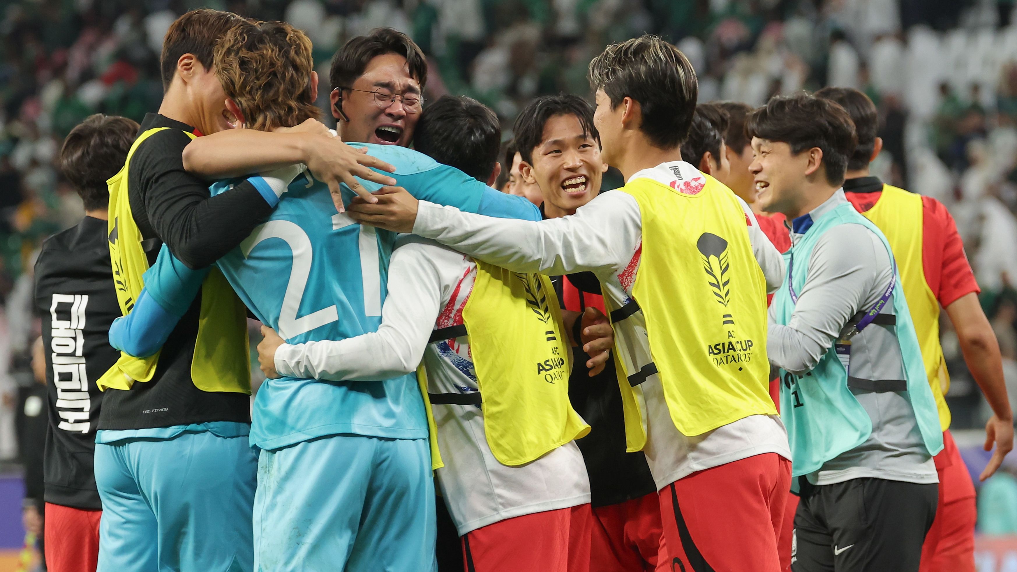 Players of South Korea celebrate victory after the penalty shootout during the Asian Cup against Saudi Arabia.