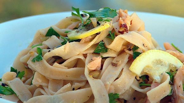 Fettuccini with smoked trout lemon and capers