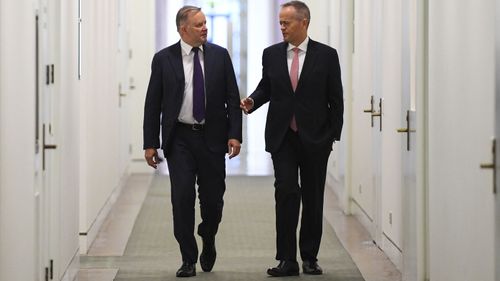 Anthony Albanese and Bill Shorten arrive for the Labor party Caucus meeting at Parliament House.