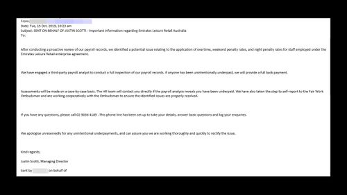 An email sent to Emirates Leisure Retail former and current staff, informing them of the underpayment issue.