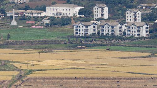 North Korean workers in the fields as seen from over the border.