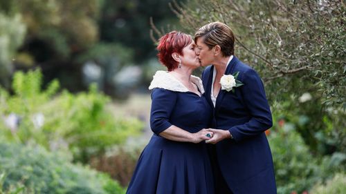  Christine Forster (right) and Virginia Edwards posing for photographs before their wedding ceremony in Sydney