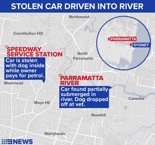 A map showing where the car was stolen from and where it plunged into the river. Graphic: 9NEWS/ Elizabeth Daoud