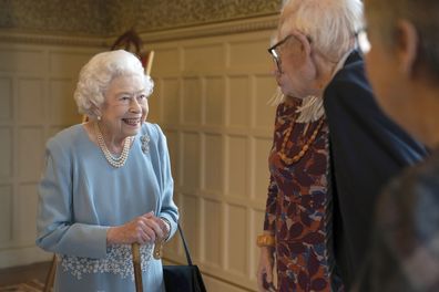 Queen Elizabeth II talks to members of the West Norfolk Befriending Society, during a reception in the Ballroom of Sandringham House, which is the Queen's Norfolk residence, to celebrate the start of the Platinum Jubilee.