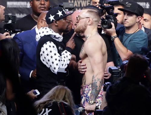 Mayweather and McGregor face off at a press conference in Brooklyn, New York. (AAP)