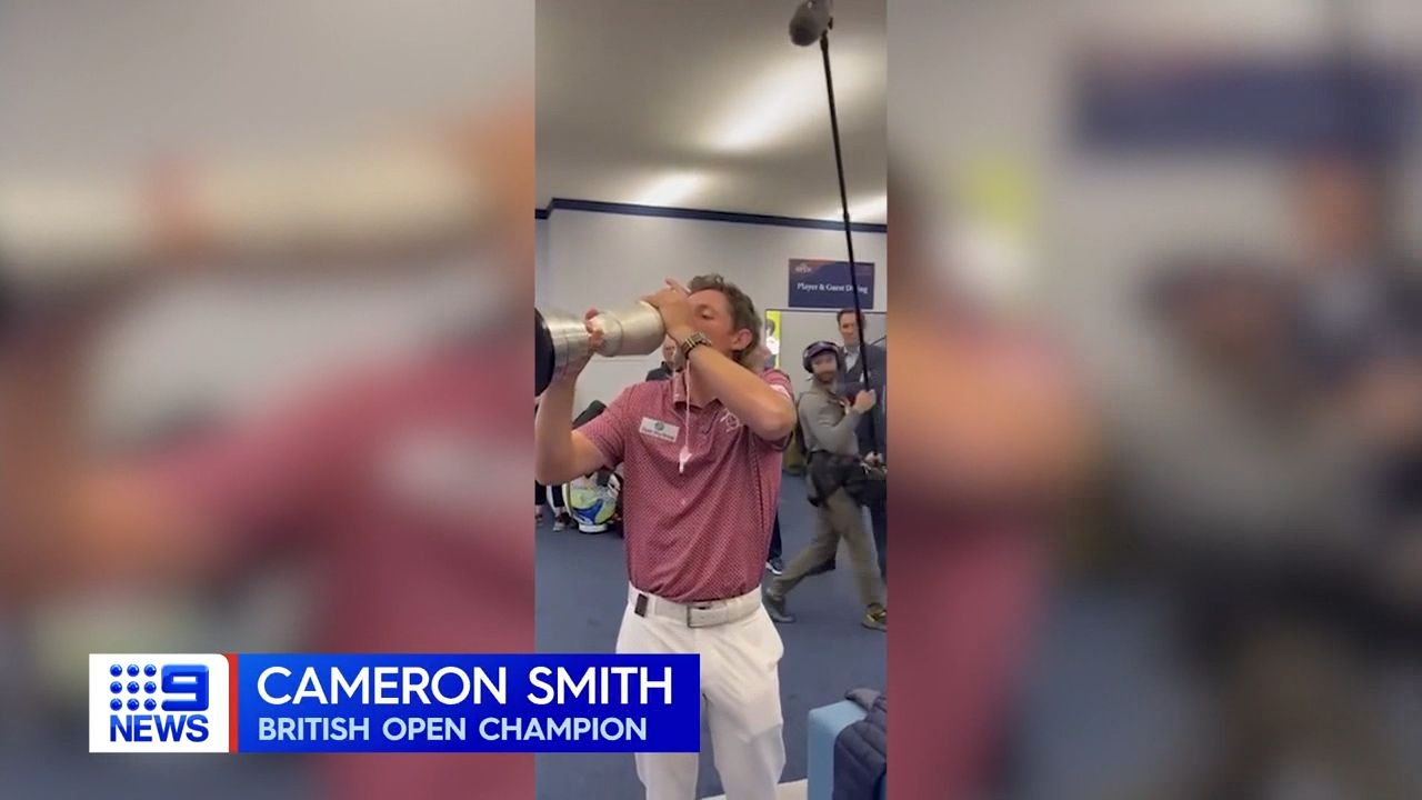 Cameron Smith finds out how many beers fit into Claret Jug during celebrations