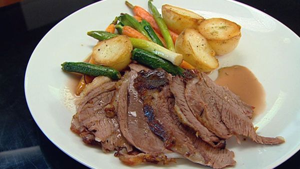 Roasted leg of spring lamb with a panache of vegetables