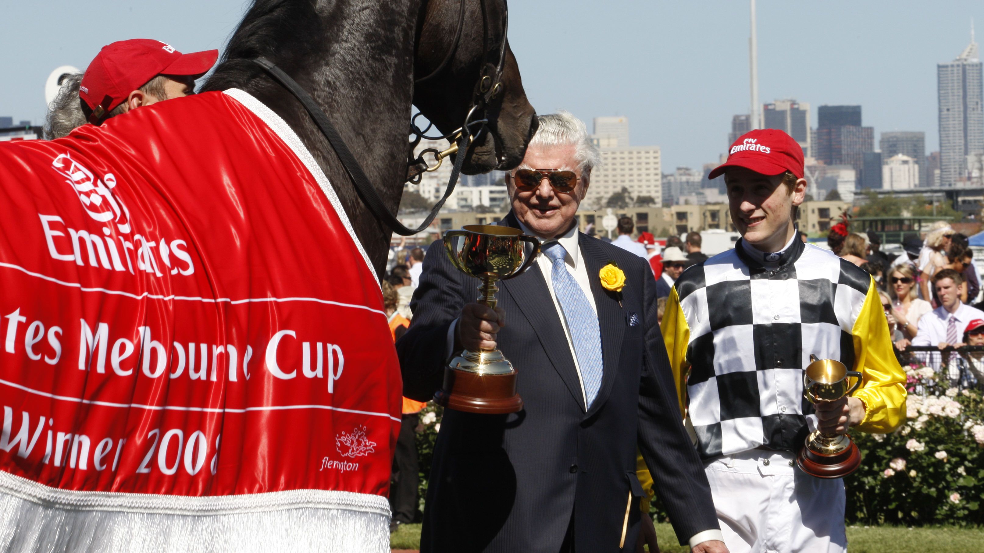 &#x27;Cups King&#x27; Bart Cummings with jockey Blake Shinn after their horse Viewed won the Melbourne Cup in 2008.