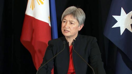 Australian Foreign Minister Penny Wong at a press conference on October 10, 2023.