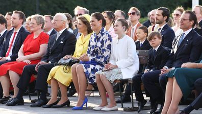 STOCKHOLM, SWEDEN - SEPTEMBER 16: King Carl XVI Gustaf, Queen Silvia of Sweden, Crown Princess Victoria, Princess Estelle, Prince Oscar and Prince Daniel at the jubilee concert on Norrbro, organized by the City of Stockholm during celebrations of the 50th anniversary of King Carl XVI Gustaf&#x27;s accession to the throne on September 16, 2023 in Stockholm, Sweden. (Photo by Iwi Onodera/Getty Images)