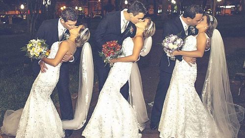 The brides with their husbands Rafael, Gabriel and Eduardo. (Everton Rose Associates)