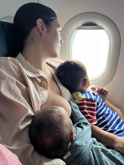 Alexa and her kids on a plane. 