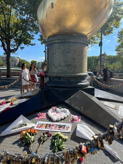 Tributes left around the Flame of Liberty statue in Paris ahead of the 25th anniversary of Princess Diana's death, August 2022.
