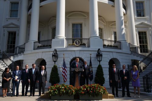 "We've accomplished an economic turnaround of historic proportions," Mr Trump told reporters during hastily arranged remarks on the South Lawn of the White House. Picture: AP