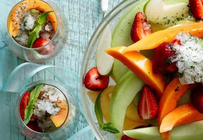 Champagne fruit salad with mint lime granita