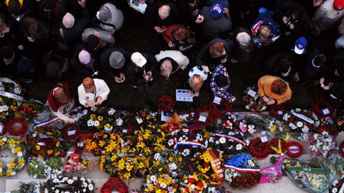 Wreaths are laid in memorial on Anzac Day at Villers-Bretonneux.