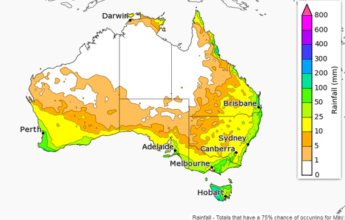 The Bureau of Meterology's rainfall outlook for May. (BoM)