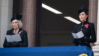 Kate and Camilla during the National Service of Remembrance at The Cenotaph on November 08, 2020 in London, England. 