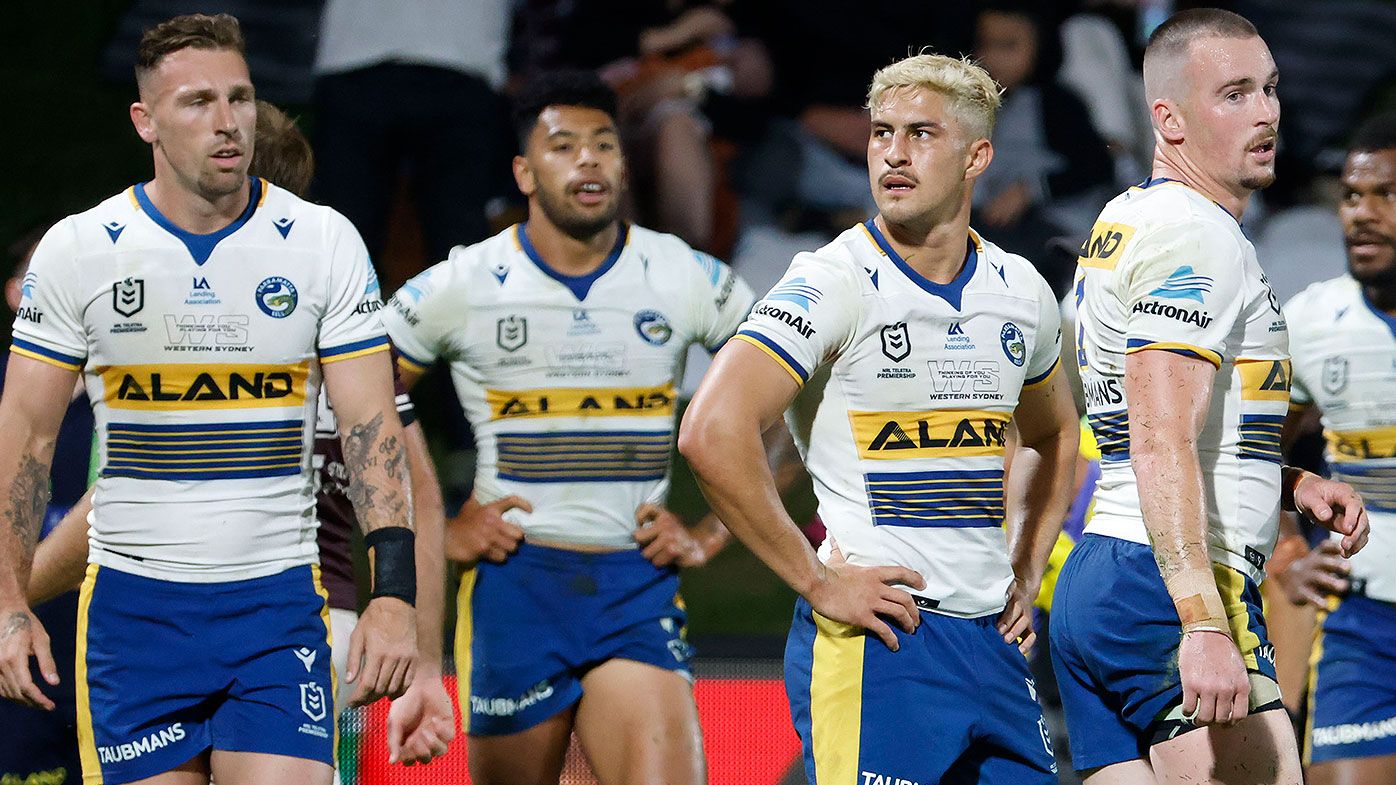 Eels players react after conceding a try during the round 22 NRL match between the Manly Sea Eagles and the Parramatta Eels at Sunshine Coast Stadium, on August 14, 2021, in Sunshine Coast, Australia. (Photo by Glenn Hunt/Getty Images