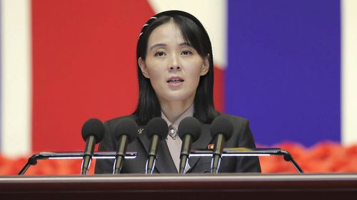 FILE - This photo provided by the North Korean government, Kim Yo Jong, sister of North Korean leader Kim Jong Un, delivers a speech during a national meeting against the coronavirus, in Pyongyang, North Korea, on Aug. 10, 2022. Independent journalists were not given access to cover the event depicted in this image distributed by the North Korean government. The content of this image is as provided and cannot be independently verified. (Korean Central News Agency/Korea News Service via AP, File)