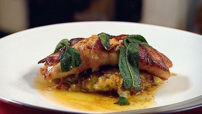 Turkey wrapped in bacon and sage with bubble and squeak