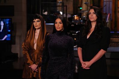  Musical guest Halsey, host Kim Kardashian West and Cecily Strong on Saturday Night Live.