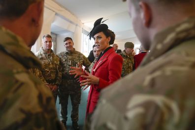 Princess of Wales talks to troops from the 5th Royal Australian Regiment (5RAR) after a St David's Day parade with members of the 1st Battalion, The Welsh Guards in Windsor England, Wednesday, March 1, 2023 