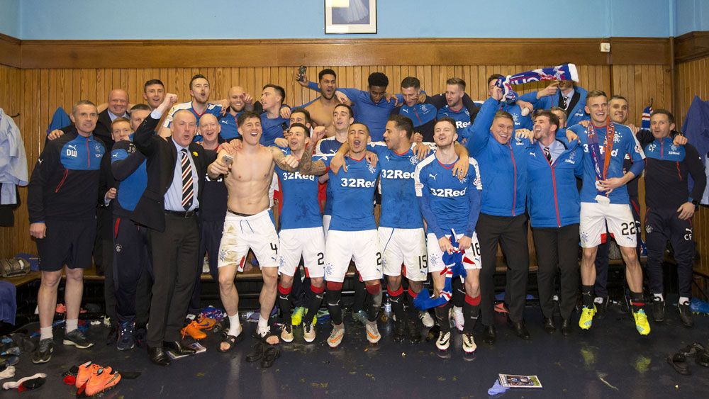 The Rangers squad celebrates promotion. (AAP)