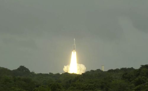 This photo provided by the European Space Agency shows an Ariane 5 rocket carrying the Jupiter Icy Moons Explorer, Juice, spacecraft lifting off from Europe's Spaceport in Kourou, French Guiana, Friday, April 14, 2023