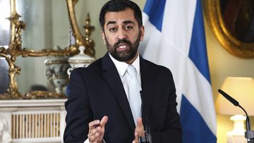 Scotland&#x27;s First Minister Humza Yousaf speaks during a press conference at Bute House, Edinburgh, April 25, 2024.  