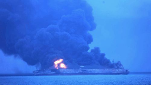 the Panama-registered tanker "Sanchi" is seen ablaze after a collision with a Hong Kong-registered freighter off China's eastern coast Sunday
