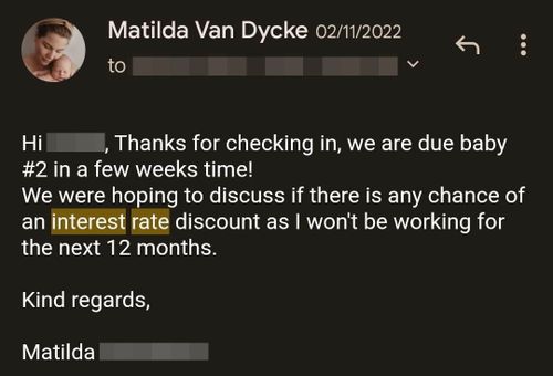 The reply email Matilda Van Dycke sent to her bank, asking for a better home loan interest rate. 