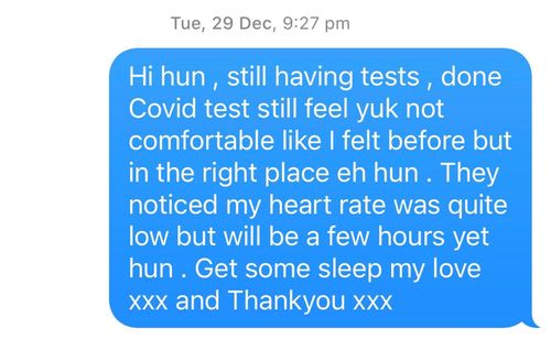 The text message Jeremy Waaka sent to his wife Sarah Hawkins from hospital.