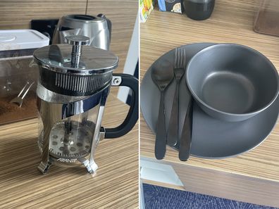 Coffee plunger and dinner set in hotel quarantine