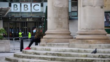 The BBC logo is seen at BBC Broadcasting House on January 17, 2022 in London, England.