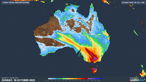 Prévisions de pluie accumulée sur l'Australie cette semaine selon le modèle ECMWF-HRES.
