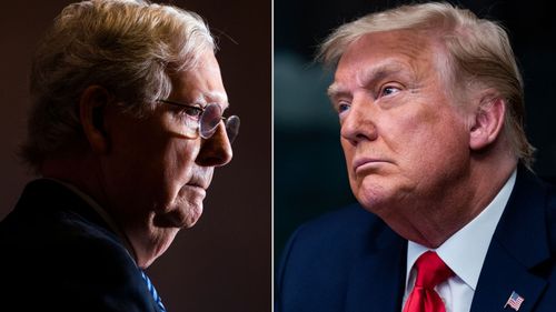 Mitch McConnell (left) says the Capitol Hill mob was "provoked" by Donald Trump (right).