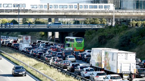 A traffic jam is seen after police closed the Oresund Bridge near Copenhagen.